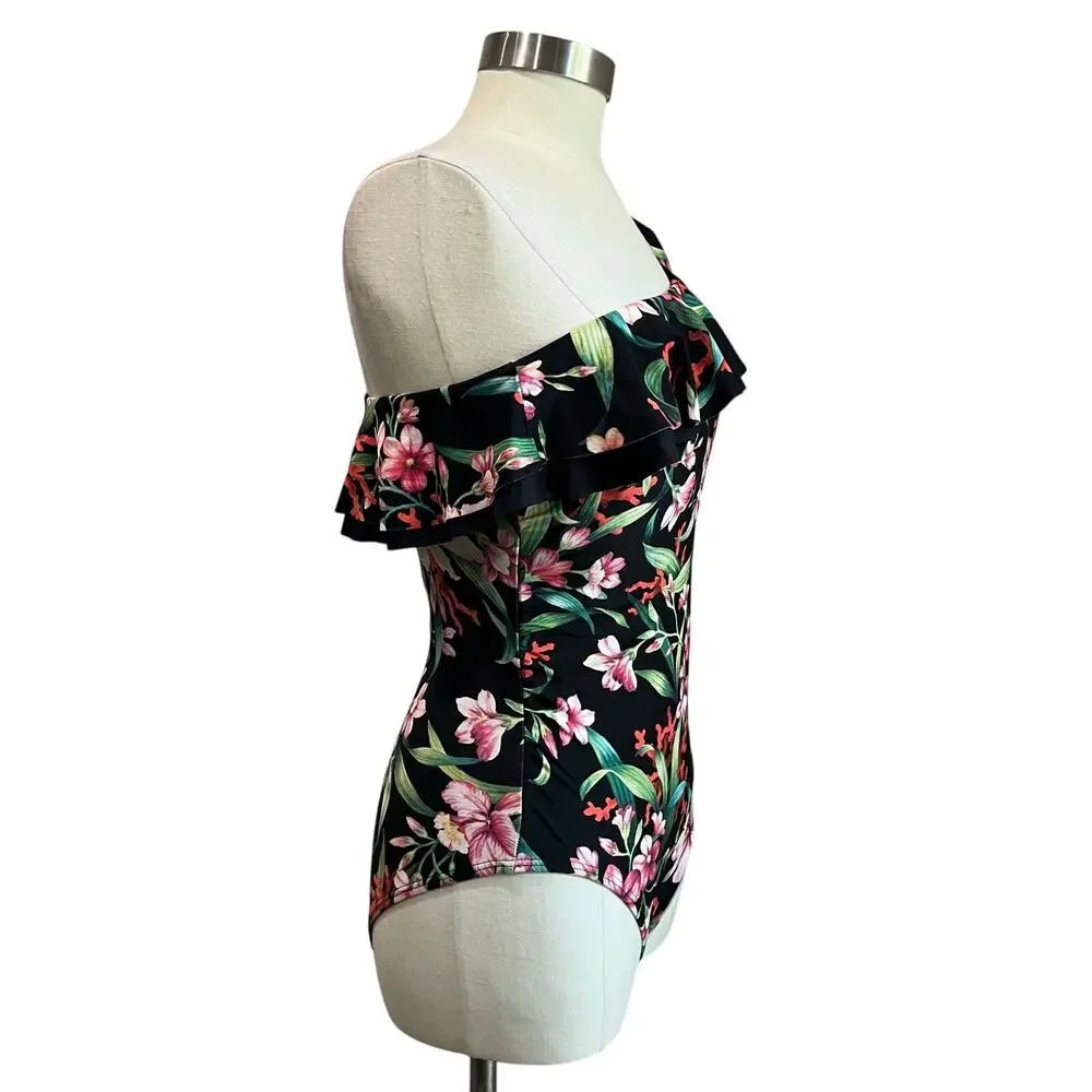 Carmen Marc Valvo One Shoulder Ruffle‎ Swimsuit 12 Floral One Piece Chic